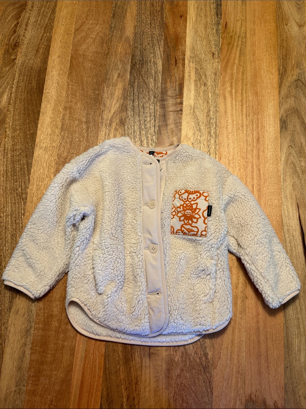 NWT Marimekko Cream Sherpa Jacket with Orange Patterned Pocket